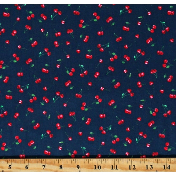 Cotton Tiny Cherries Tossed Cherries Cherry Fruit Navy Cotton Fabric Print by the Yard (CHERRY-CD1543-NAVY)