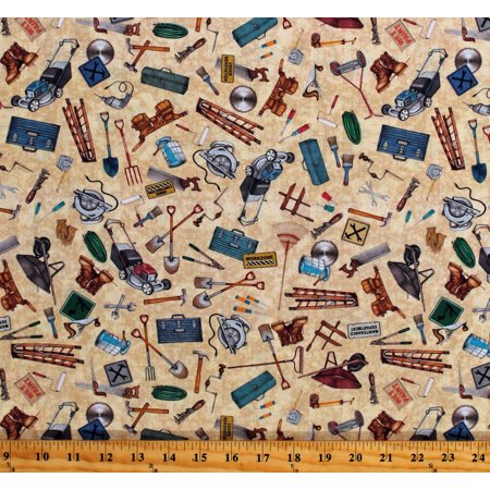 Cotton Tools Builders Building Equipment Maintenance A Little Handy Beige Cotton Fabric Print by the Yard (1649-28195-A)
