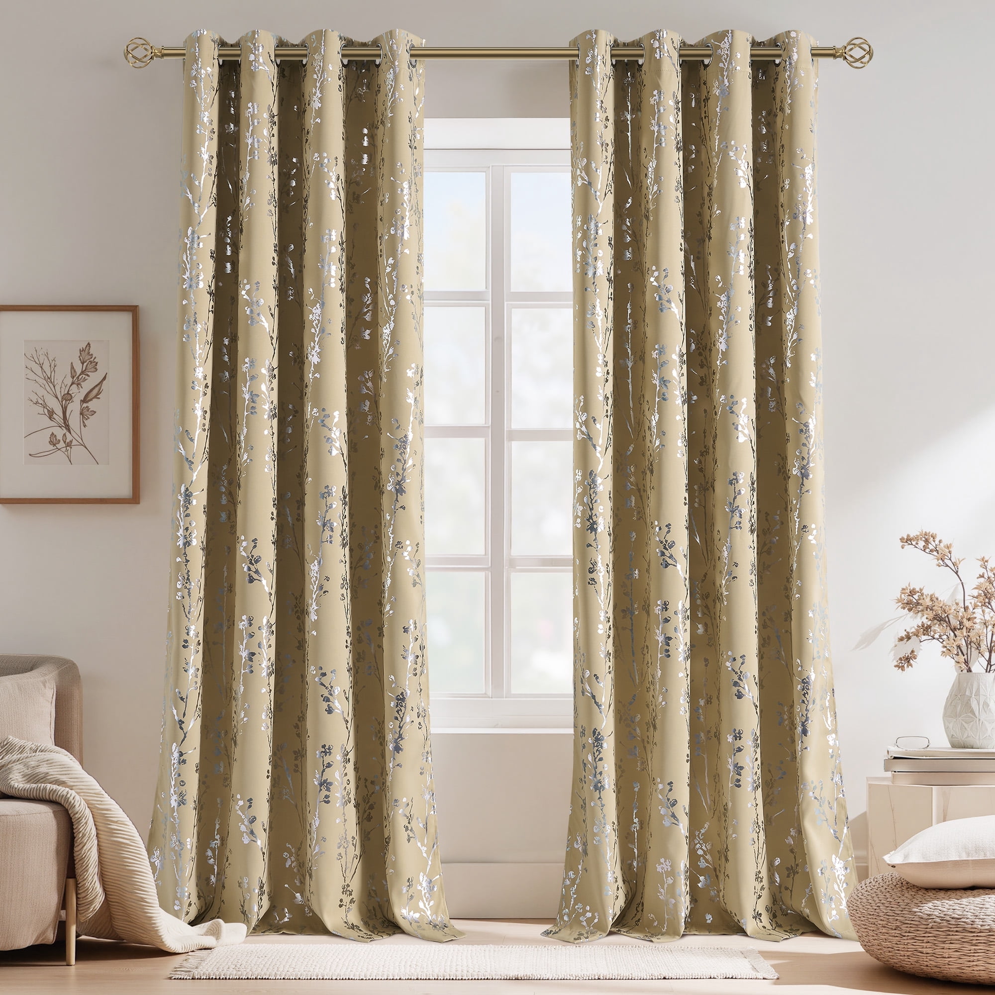 NICETOWN 100% Blackout Curtains for Bedroom, Noise Reducing Thermal Insulated Silver Branch Curtain, Grommet Blackout Curtains for Patio Sliding Glass Door 2 Panels, 52 x 63 Inch, Biscotti Beige)