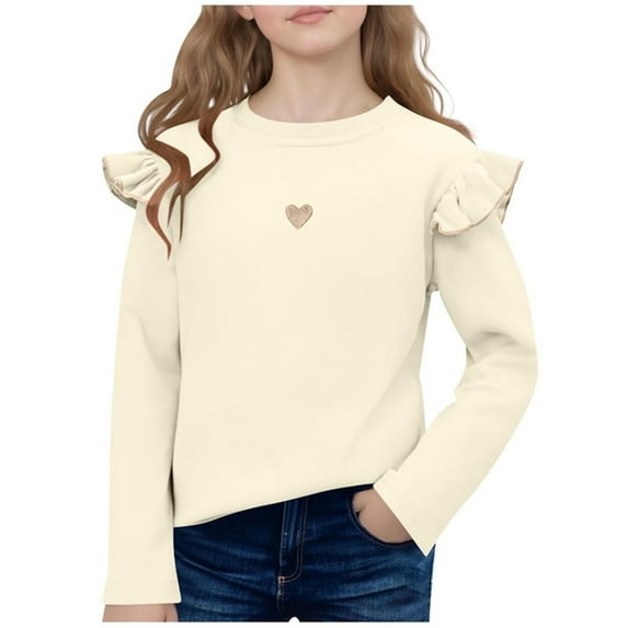 Cotton Tops Girls Ruffled Long Sleeve Soft Crew Neck Casual Fall Winter T-Shirts Heart Print Tees 1-10 Years (1 Years, Beige)