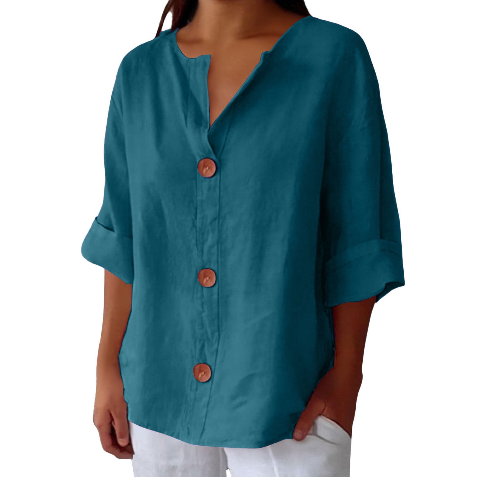 Cotton Tops for Women 3/4 Sleeve, Yigetop Linen Shirts for Women Summer ...