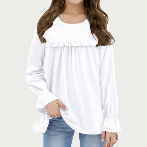 Cotton Tops for Girls Long Sleeve Crew Neck Casual T-shirts Ruffled Pullover Spring Clothes 5-13 Years (12 Years, White)