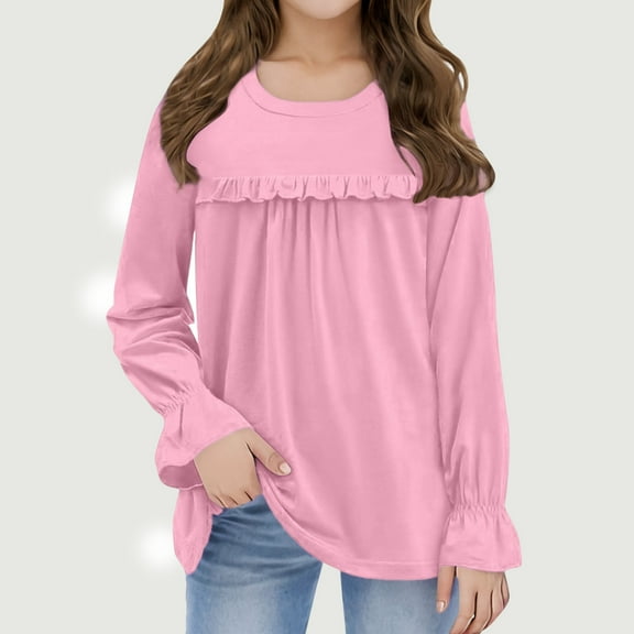 Cotton Tops for Girls Long Sleeve Crew Neck Casual T-shirts Ruffled Pullover Spring Clothes 5-13 Years (5 Years, Pink)