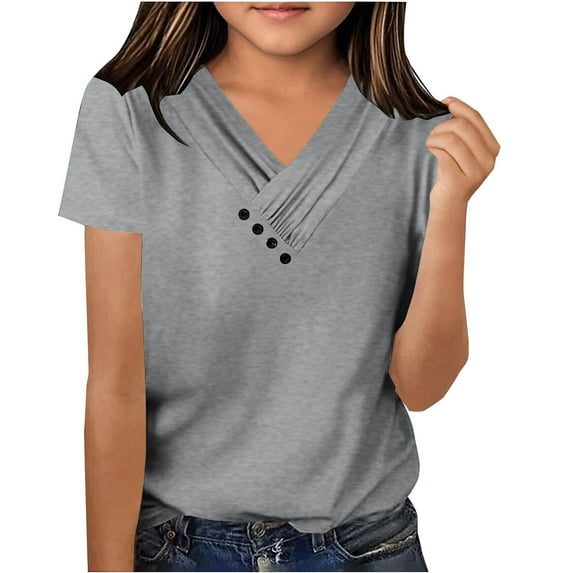 Cotton Tops for Girls Summer 2025 Short Sleeve Buttons V Neck Casual Cozy Plain Tshirts Blouses (11-12 Years, Gray)