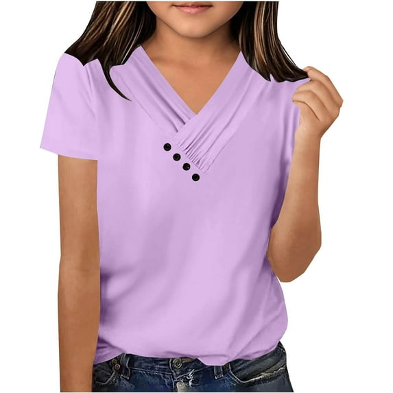 Cotton Tops for Girls Summer 2025 Short Sleeve Buttons V Neck Casual Cozy Plain Tshirts Blouses (12-13 Years, Purple)