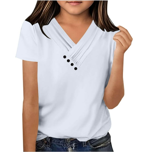 Cotton Tops for Girls Summer 2025 Short Sleeve Buttons V Neck Casual Cozy Plain Tshirts Blouses (12-13 Years, White)
