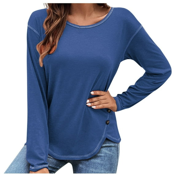 Cotton Tops for Women Long Sleeve Irregular Hem Pure Color Crewneck Plus Size T-shirts Casual Pullover Tees (2XL, Dark Blue)