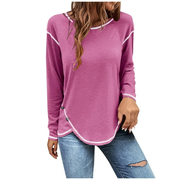 Cotton Tops for Women Long Sleeve Irregular Hem Pure Color Crewneck Plus Size T-shirts Casual Pullover Tees (L, Pink)