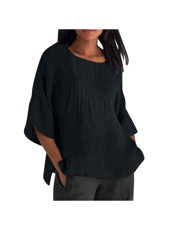 Cotton Tops for Women Pleated Front Side Split T Shirts Tunic Plus Size Blouses Womens Linen Crew Neck 3/4 Sleeve Tops Pull On Shirts Fall Clothes