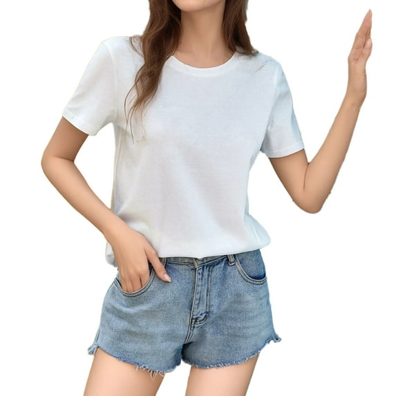 Cotton Tops for Women Summer Trendy Crew Neck Short Sleeve Shirts Casual Loose Soft Solid Color Tees Basic Blouses (S, White)