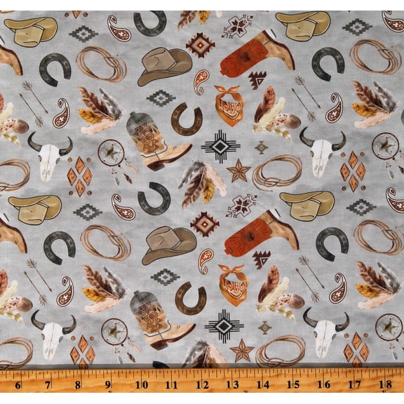 Cotton Tossed Cowboy Gear Hats Boots Horseshoes Feathers Western Boho Gray Cotton Fabric Print by the Yard (3588-90)