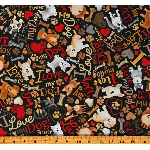 Cotton Tossed Dogs & Words I Love My Dog Pets Bones Paw Prints Hearts Black Cotton Fabric Print by the Yard (DOG-CD3317-BLACK)