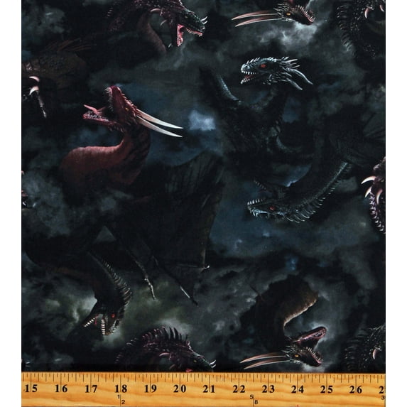 Cotton Tossed Dragons in Clouds Dragon's Lair Kids Black Cotton Fabric Print by the Yard (FUN-CD3065-NIGHT)