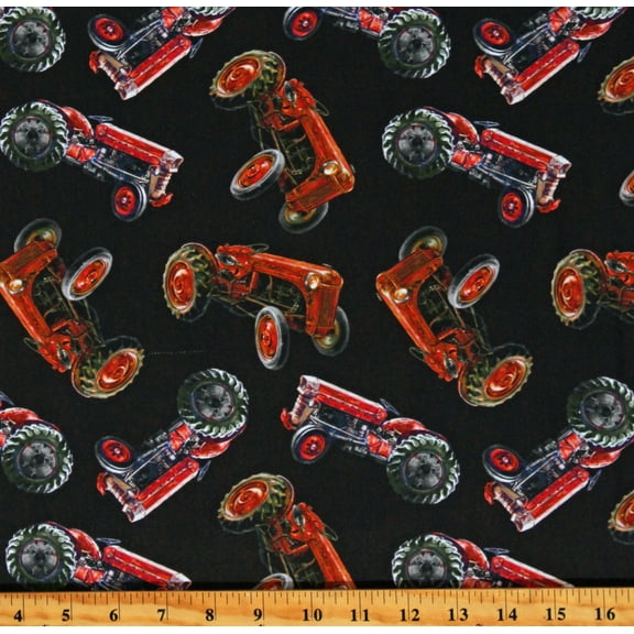 Cotton Tossed Farm Tractors on Black Farming Equipment Agriculture Cotton Fabric Print by the Yard (DONA-CD2592-BLACK)