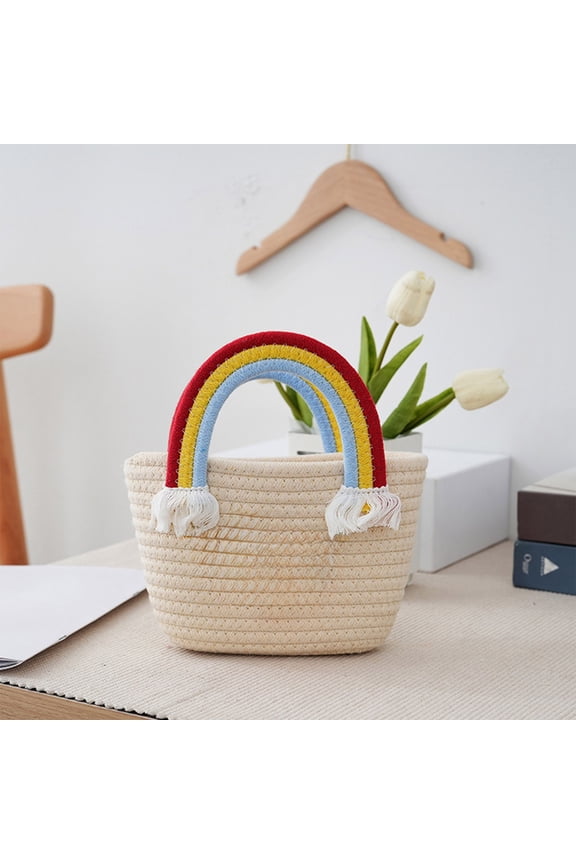 Cotton Tote Bag Hand-Woven Handbag with Rainbow Handles Cute, Cotton Ladies Bolsos Tote Handbags Hand-Woven Purse Decorated with Cute Puppet Summer Beach Tote Bag
