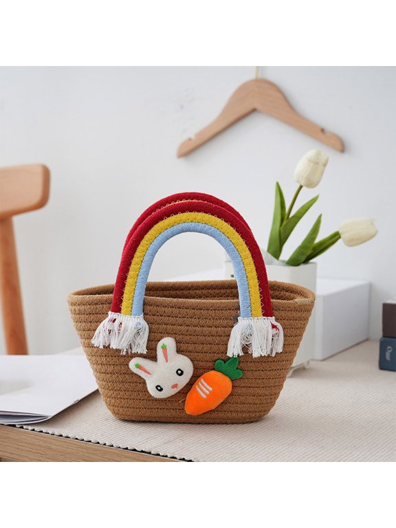 Cotton Tote Bag Hand-Woven Handbag with Rainbow Handles Cute, Cotton Ladies Bolsos Tote Handbags Hand-Woven Purse Decorated with Cute Puppet Summer Beach Tote Bag