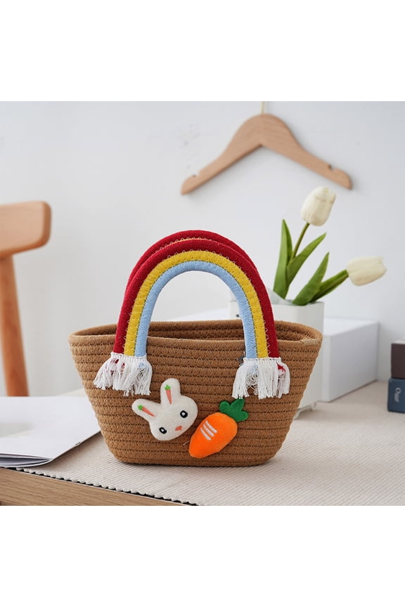 Cotton Tote Bag Hand-Woven Handbag with Rainbow Handles Cute, Cotton Ladies Bolsos Tote Handbags Hand-Woven Purse Decorated with Cute Puppet Summer Beach Tote Bag