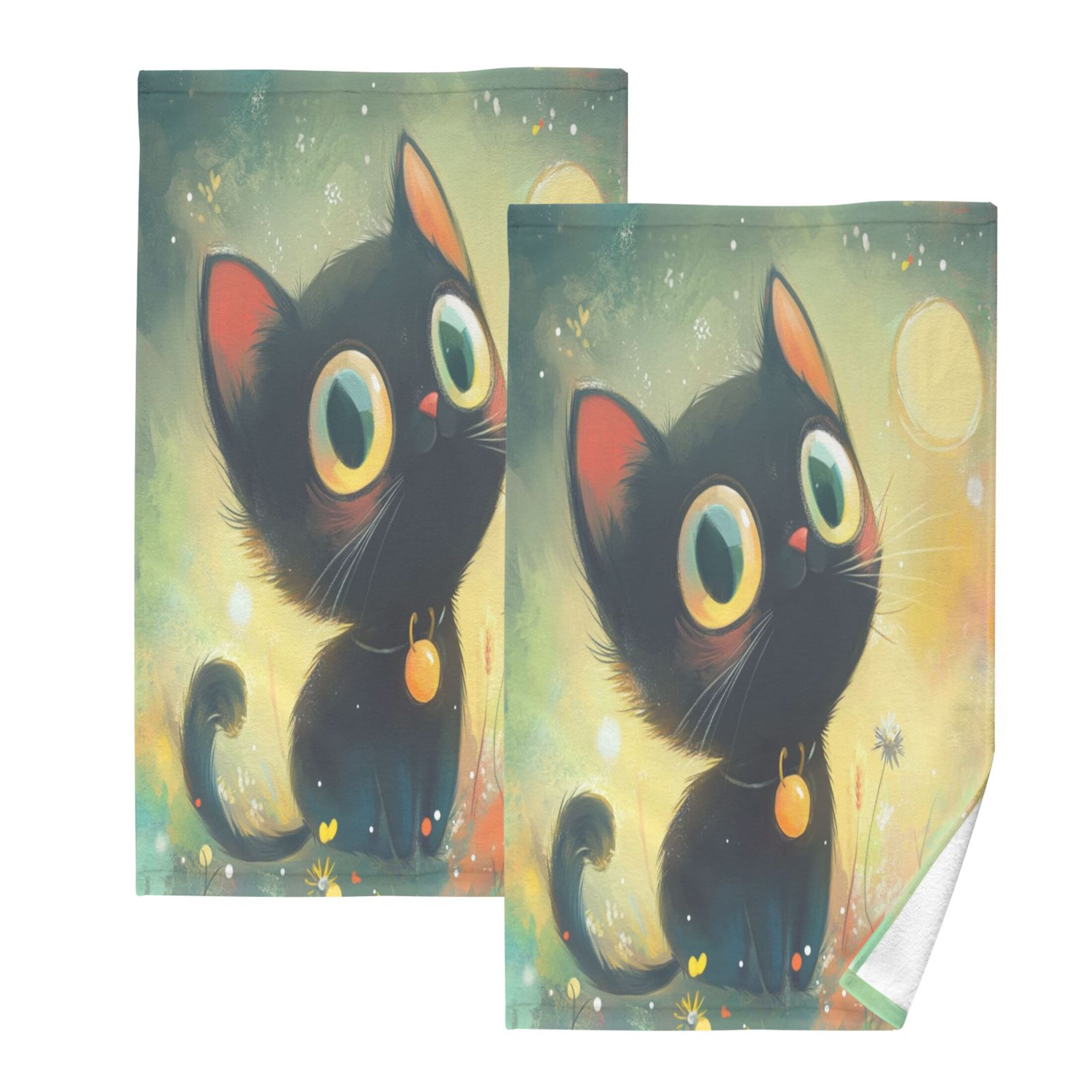 Cotton Towel Two-Piece 16x28 Inch One Sizex2 Face Towel Set Towel Set Cotton Hand Bath Towel Bathroom Beach Adorable Black Cat
