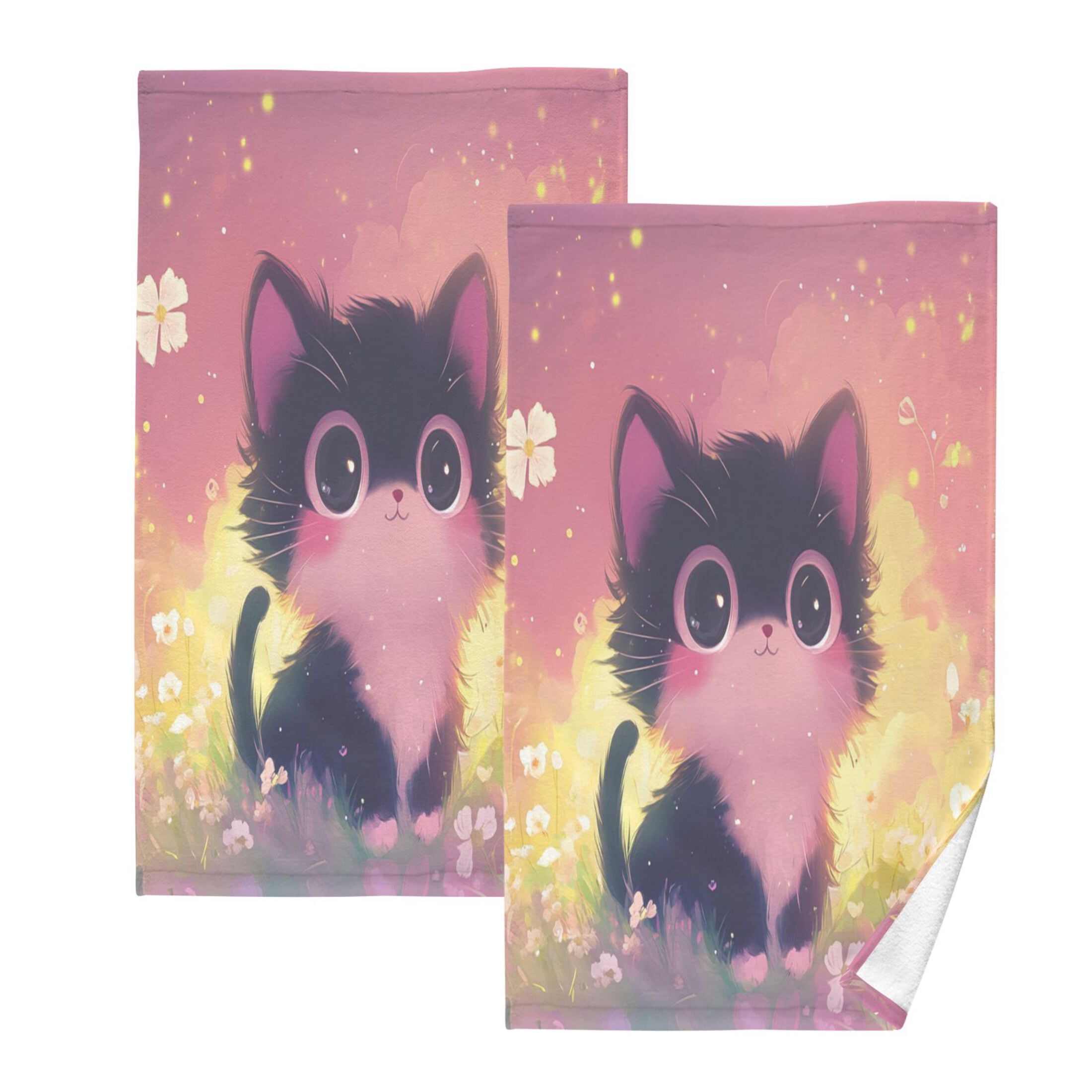 Cotton Towel Two-Piece 16x28 Inch One Sizex2 Face Towel Set Towel Set Cotton Hand Bath Towel Bathroom Beach Adorable Black Kitten