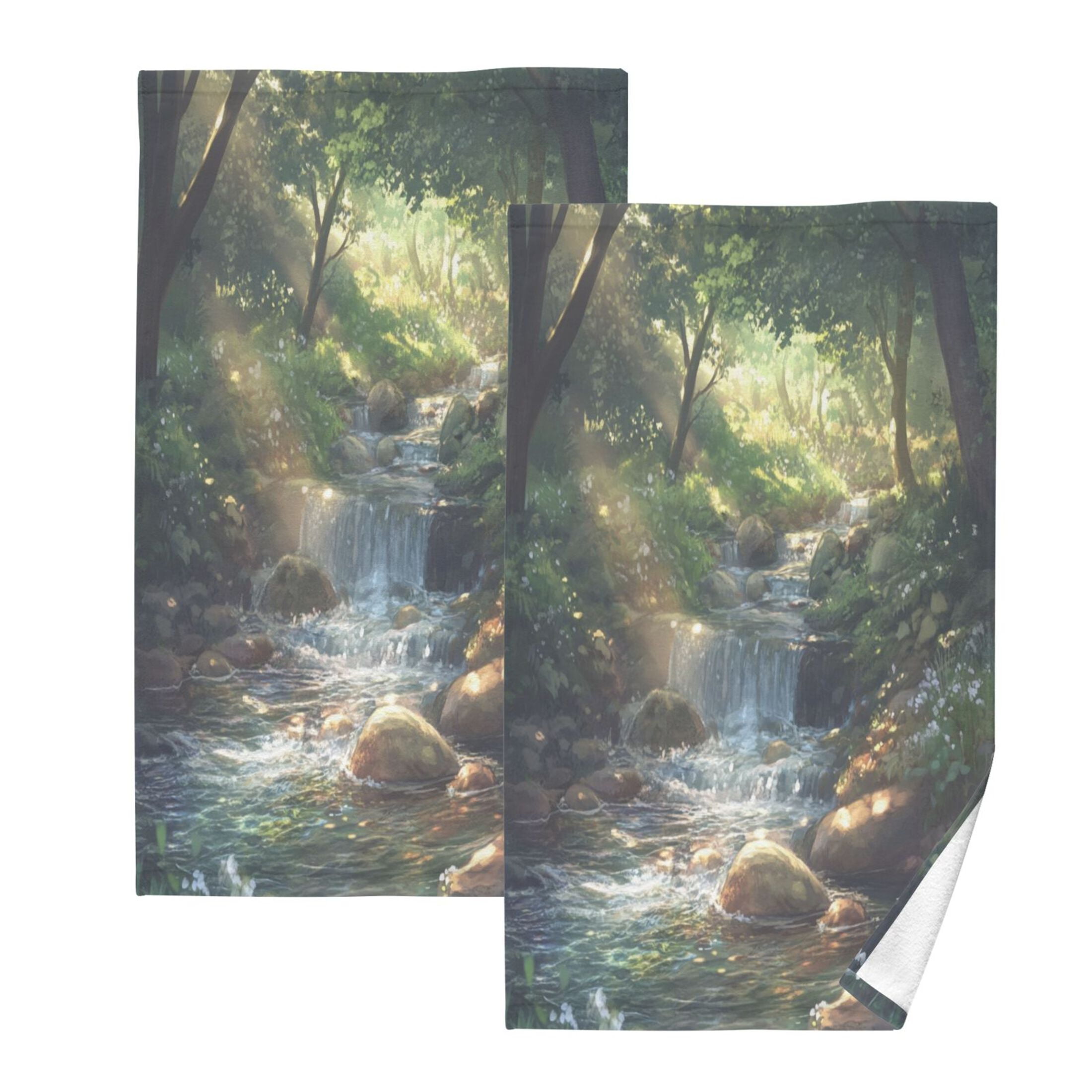 Cotton Towel Two-Piece 16x28 Inch One Sizex2 Face Towel Set Towel Set Cotton Hand Bath Towel Bathroom Beach Beautiful Green Stream