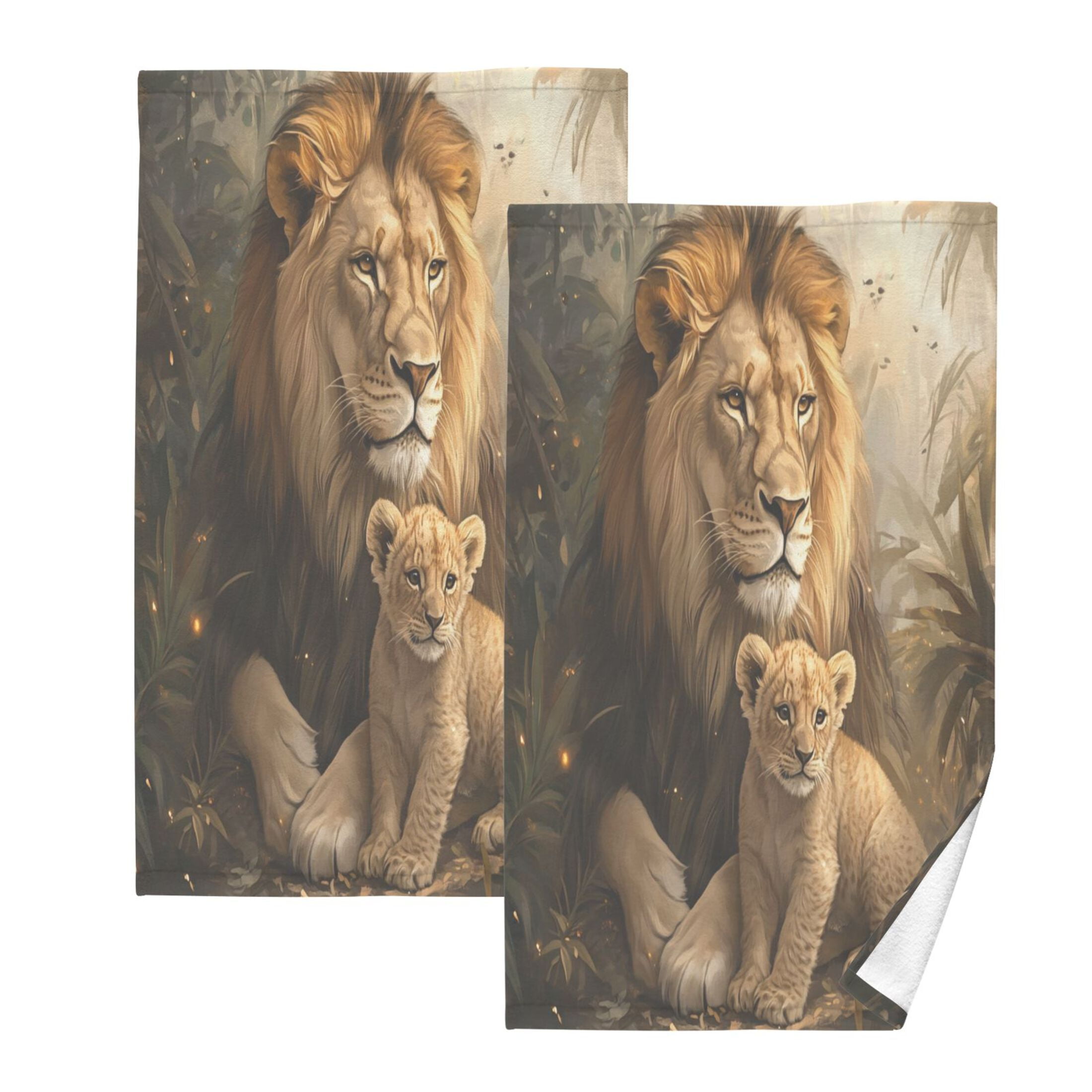 Cotton Towel Two-Piece 16x28 Inch One Sizex2 Face Towel Set Towel Set Cotton Hand Bath Towel Bathroom Beach Beautiful Yellow Lions