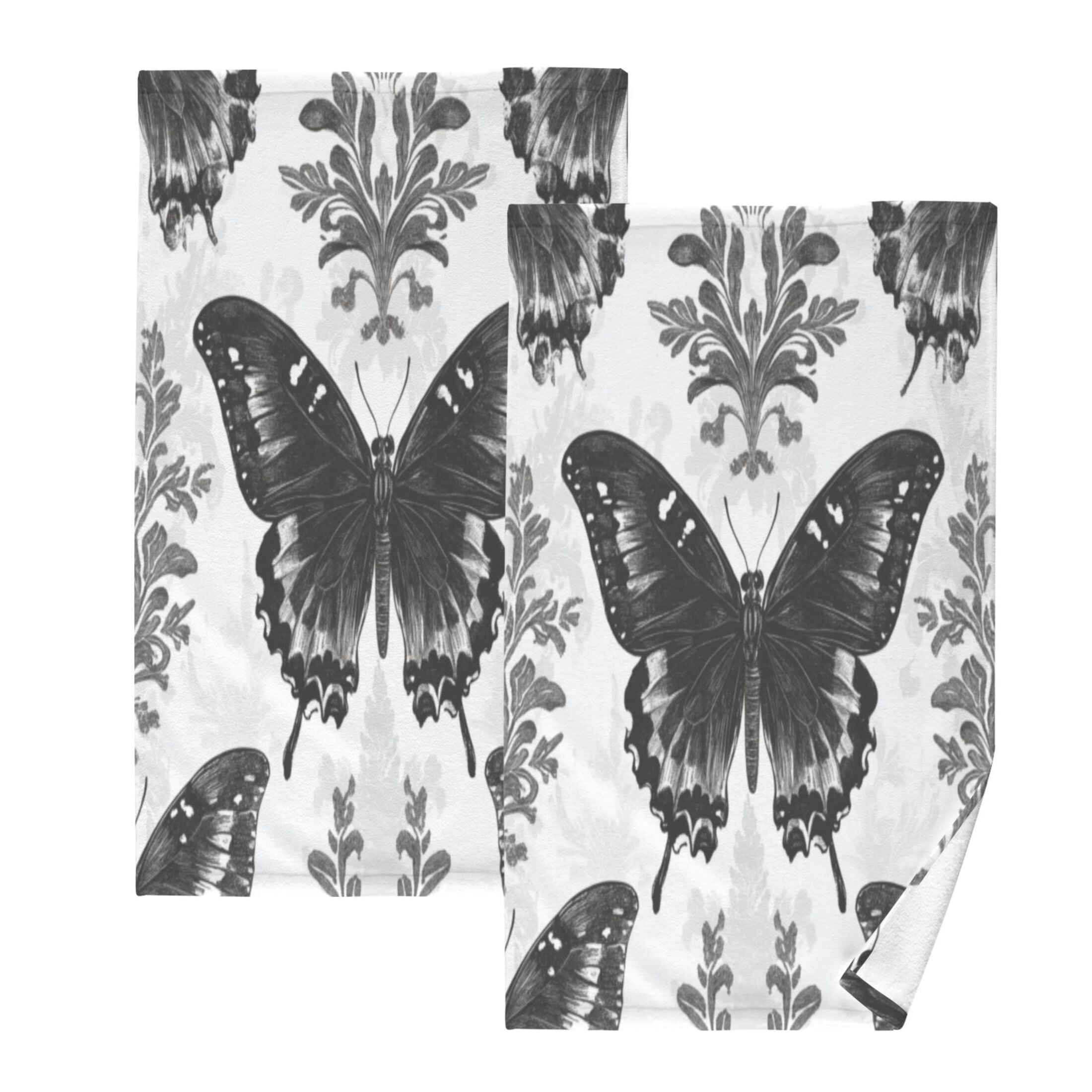 Cotton Towel Two-Piece 16x28 Inch One Sizex2 Face Towel Set Towel Set Cotton Hand Bath Towel Bathroom Beach Black Beautiful Butterfly