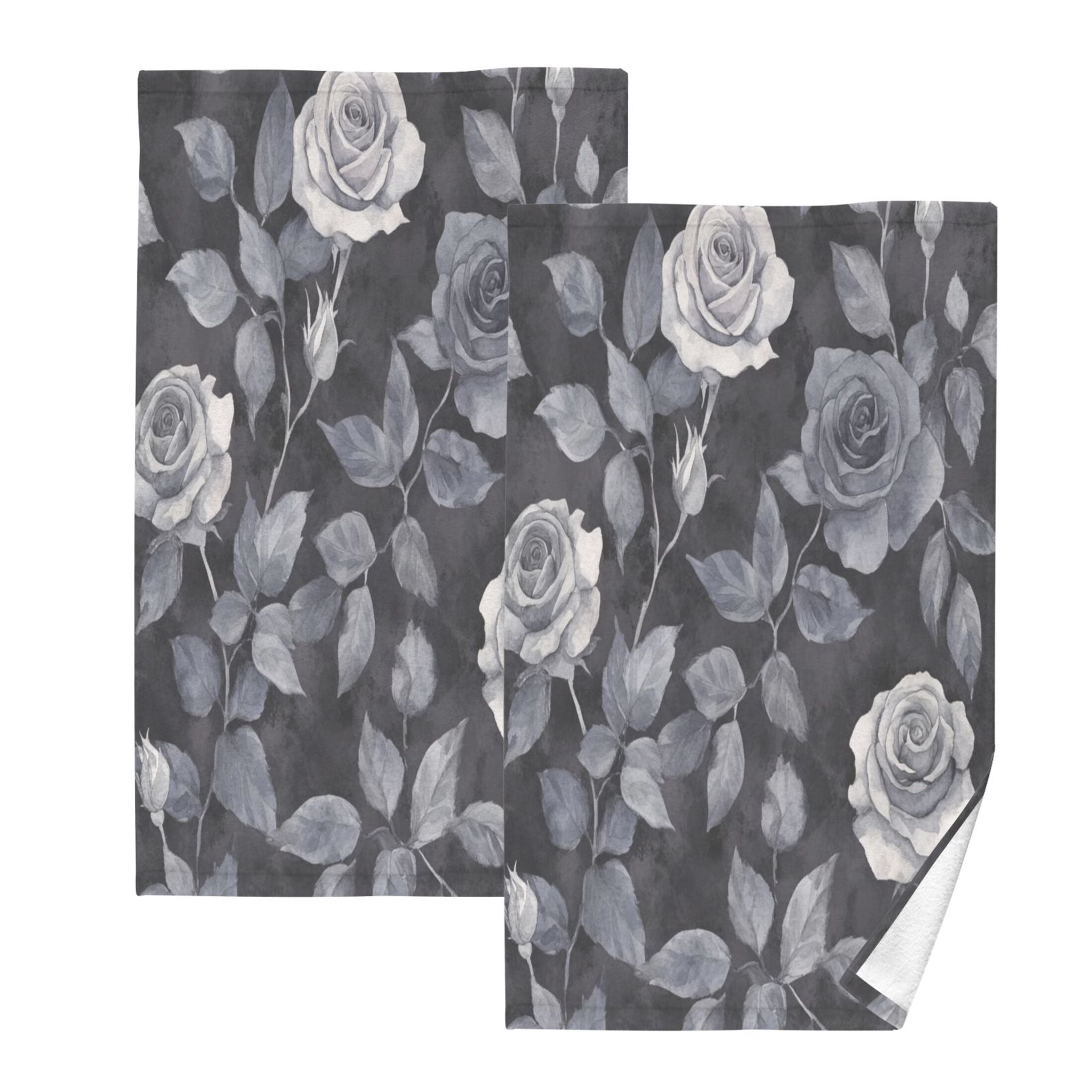 Cotton Towel Two-Piece 16x28 Inch One Sizex2 Face Towel Set Towel Set Cotton Hand Bath Towel Bathroom Beach Black Flowers Seamless