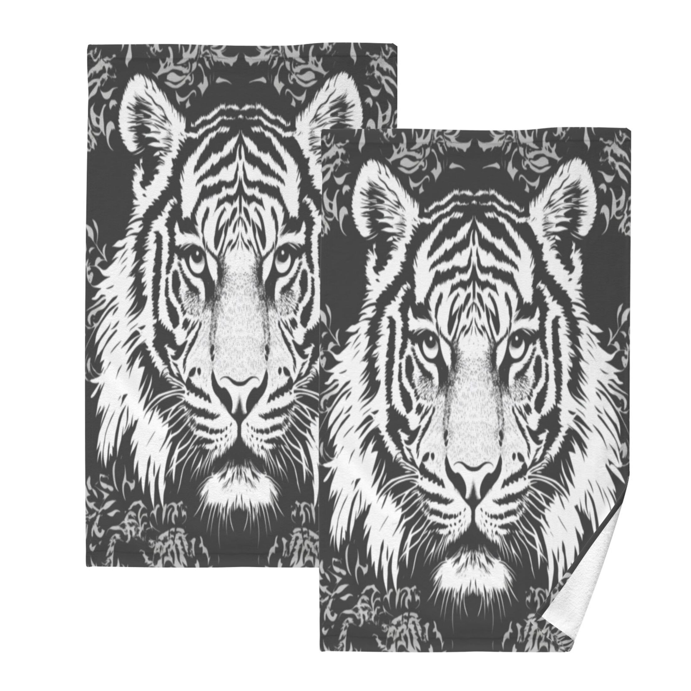 Cotton Towel Two-Piece 16x28 Inch One Sizex2 Face Towel Set Towel Set Cotton Hand Bath Towel Bathroom Beach Black and White Cartoon Tiger