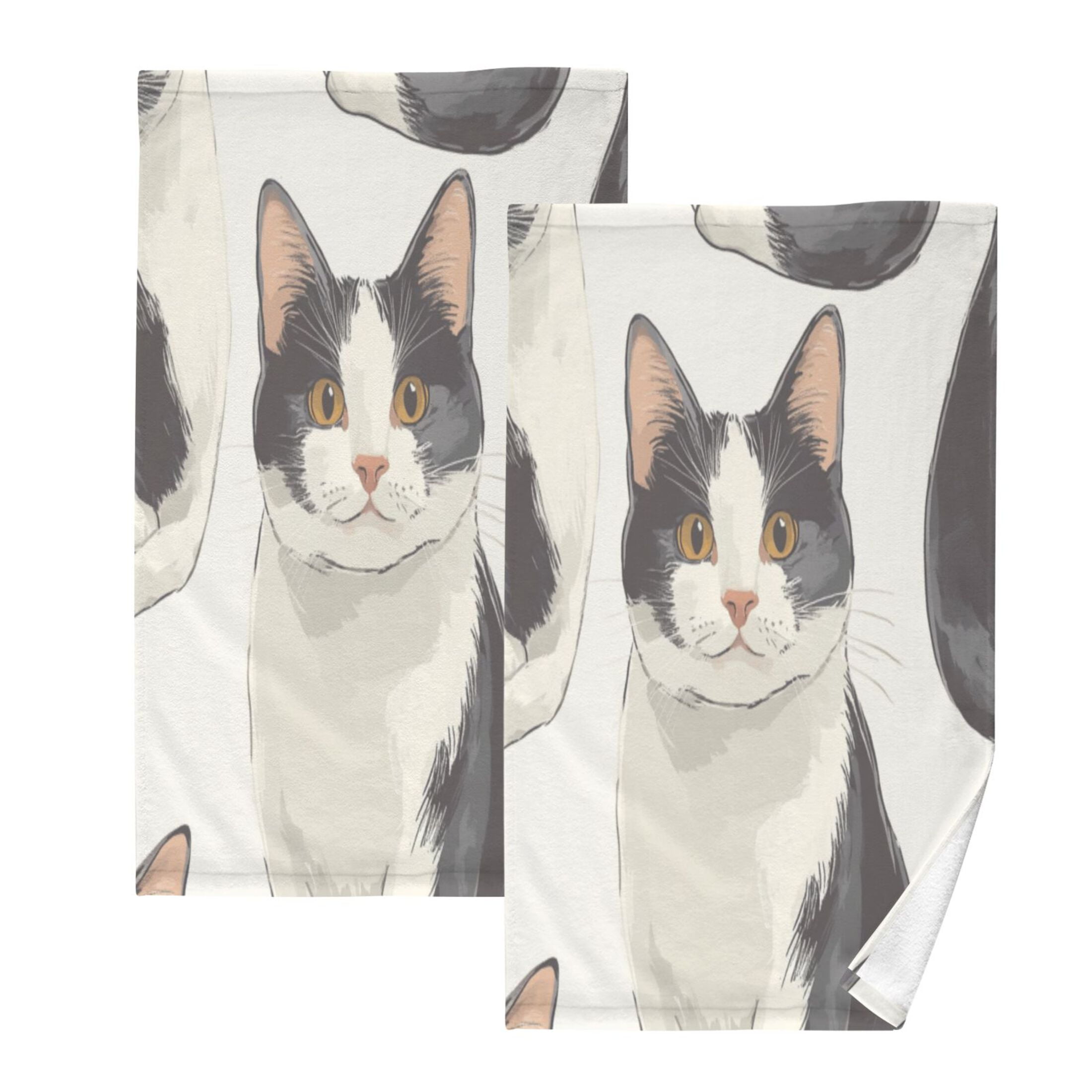 Cotton Towel Two-Piece 16x28 Inch One Sizex2 Face Towel Set Towel Set Cotton Hand Bath Towel Bathroom Beach Black and White Cat