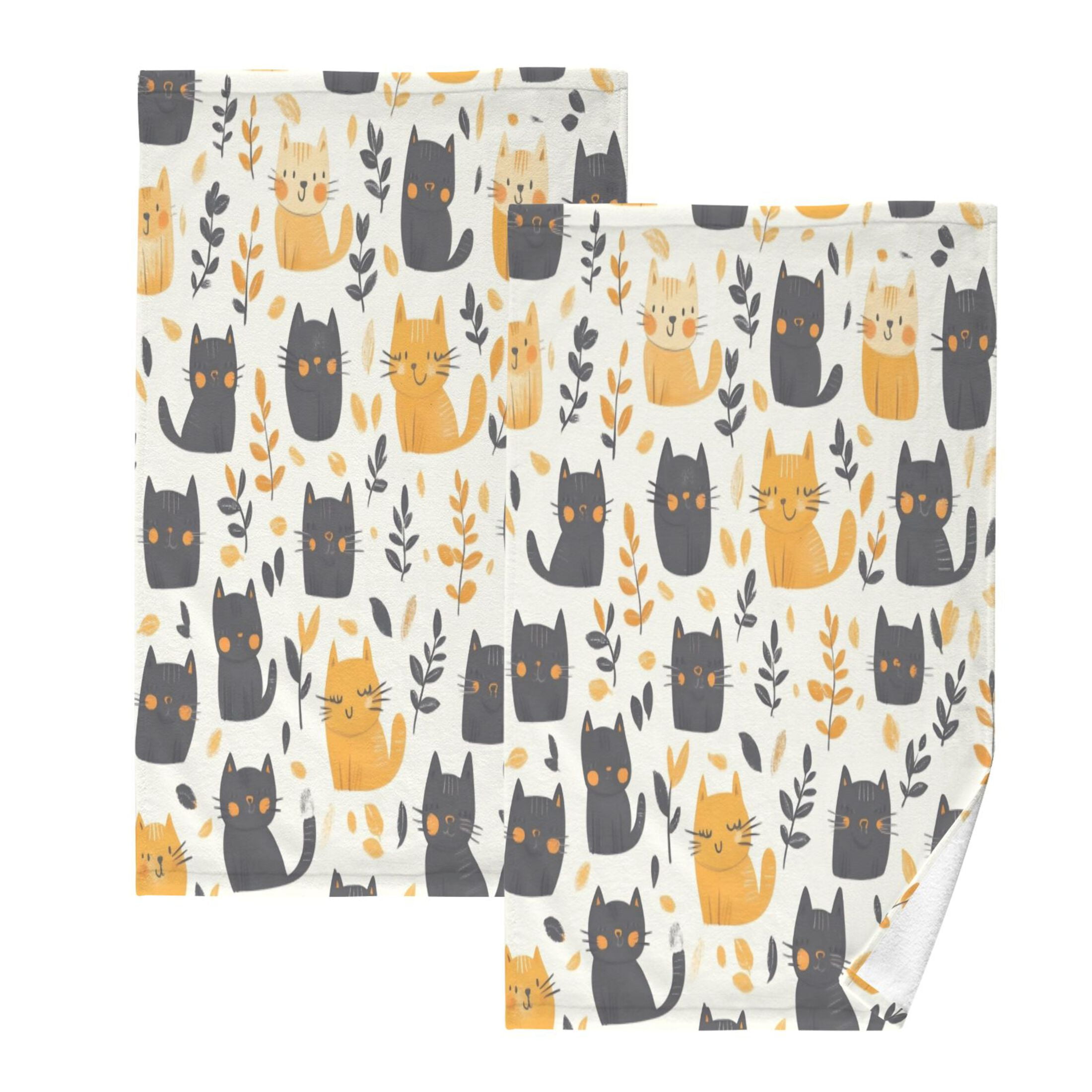 Cotton Towel Two-Piece 16x28 Inch One Sizex2 Face Towel Set Towel Set Cotton Hand Bath Towel Bathroom Beach Cartoon Black and Gold Cat