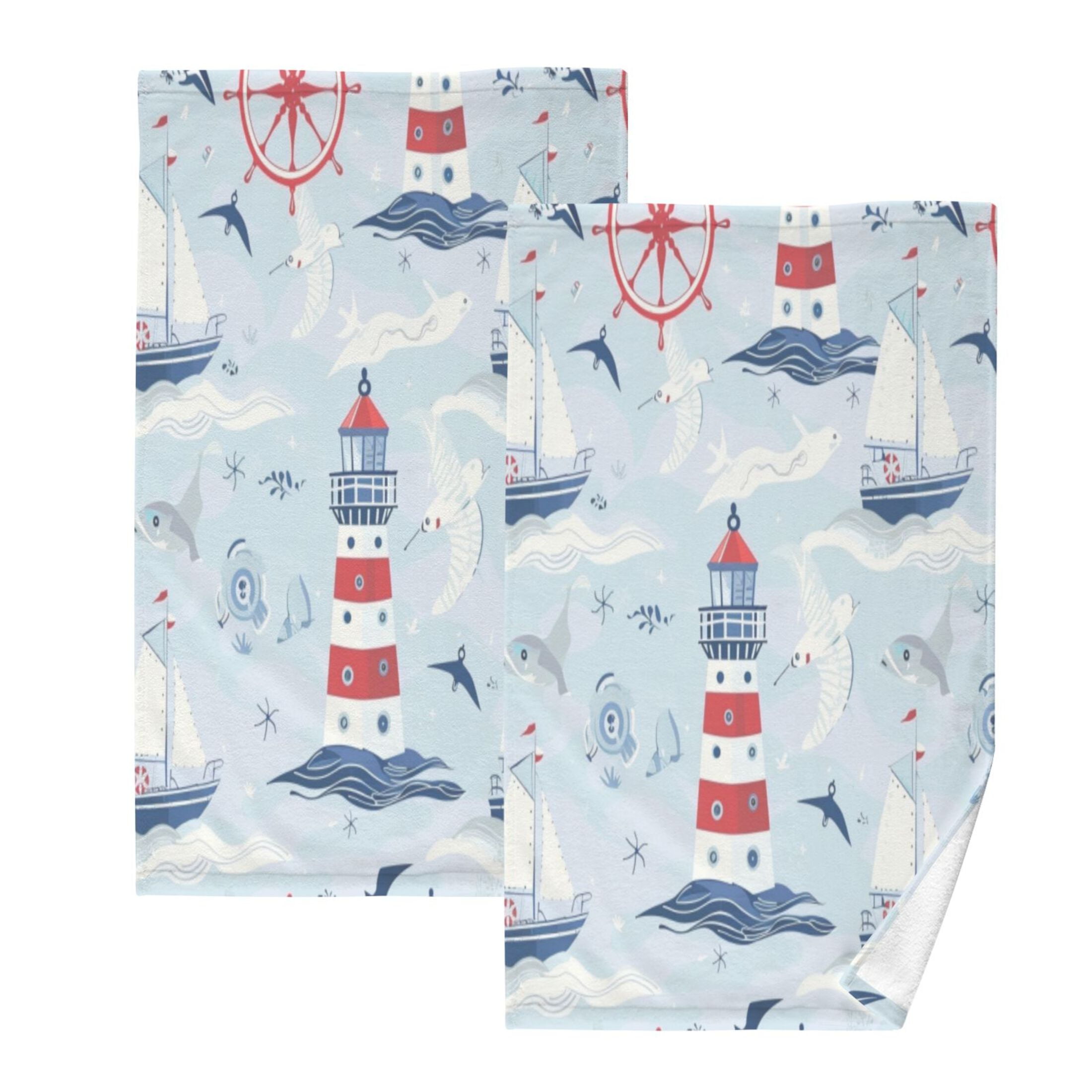 Cotton Towel Two-Piece 16x28 Inch One Sizex2 Face Towel Set Towel Set Cotton Hand Bath Towel Bathroom Beach Cartoon Red Lighthouse