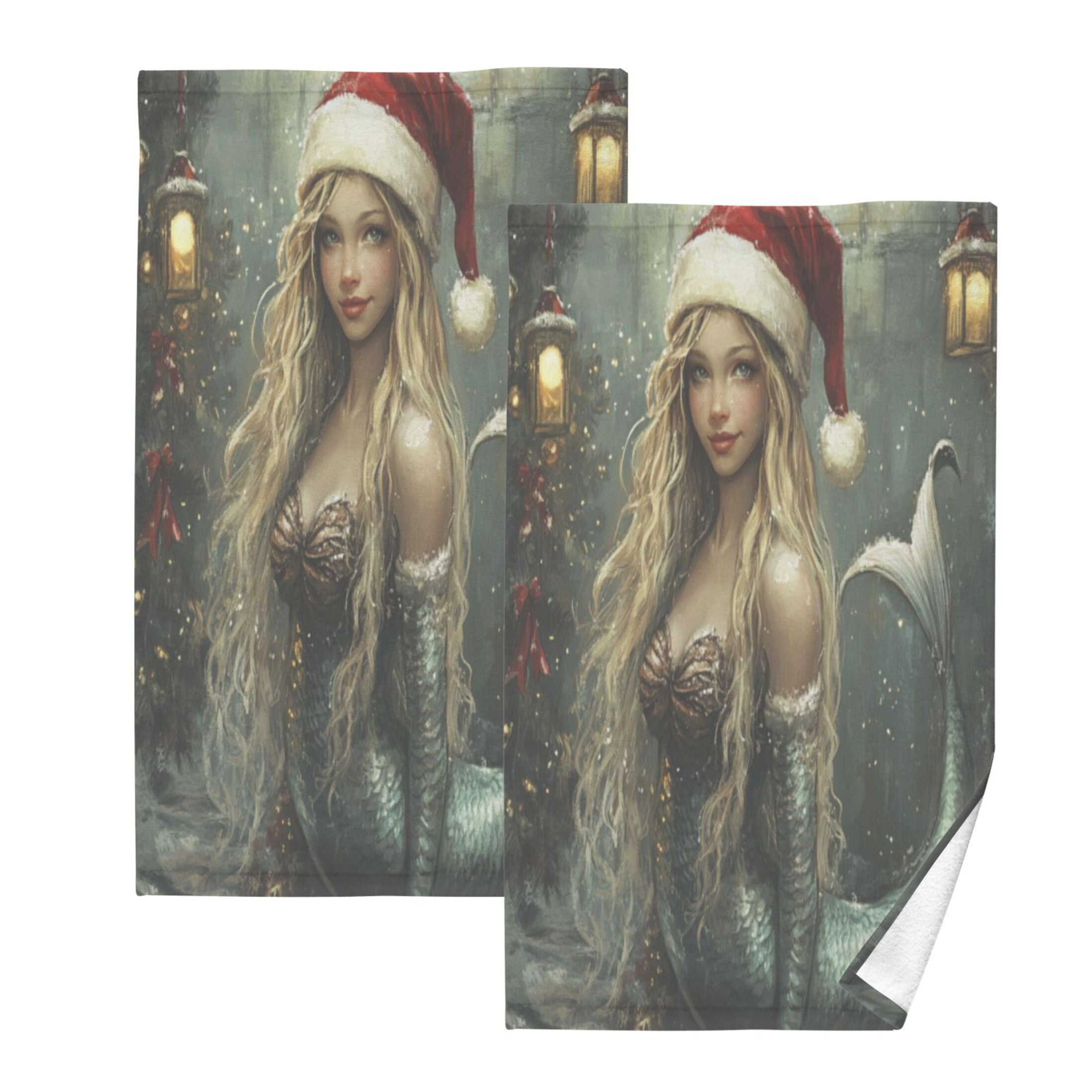 Cotton Towel Two-Piece 16x28 Inch One Sizex2 Face Towel Set Towel Set Cotton Hand Bath Towel Bathroom Beach Christmas Mermaid
