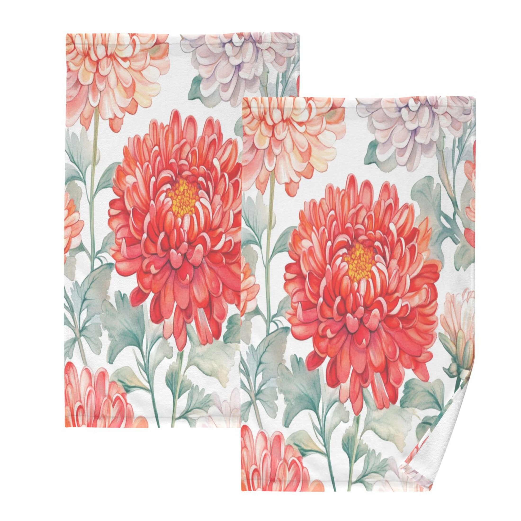 Cotton Towel Two-Piece 16x28 Inch One Sizex2 Face Towel Set Towel Set Cotton Hand Bath Towel Bathroom Beach Chrysanthemums Red