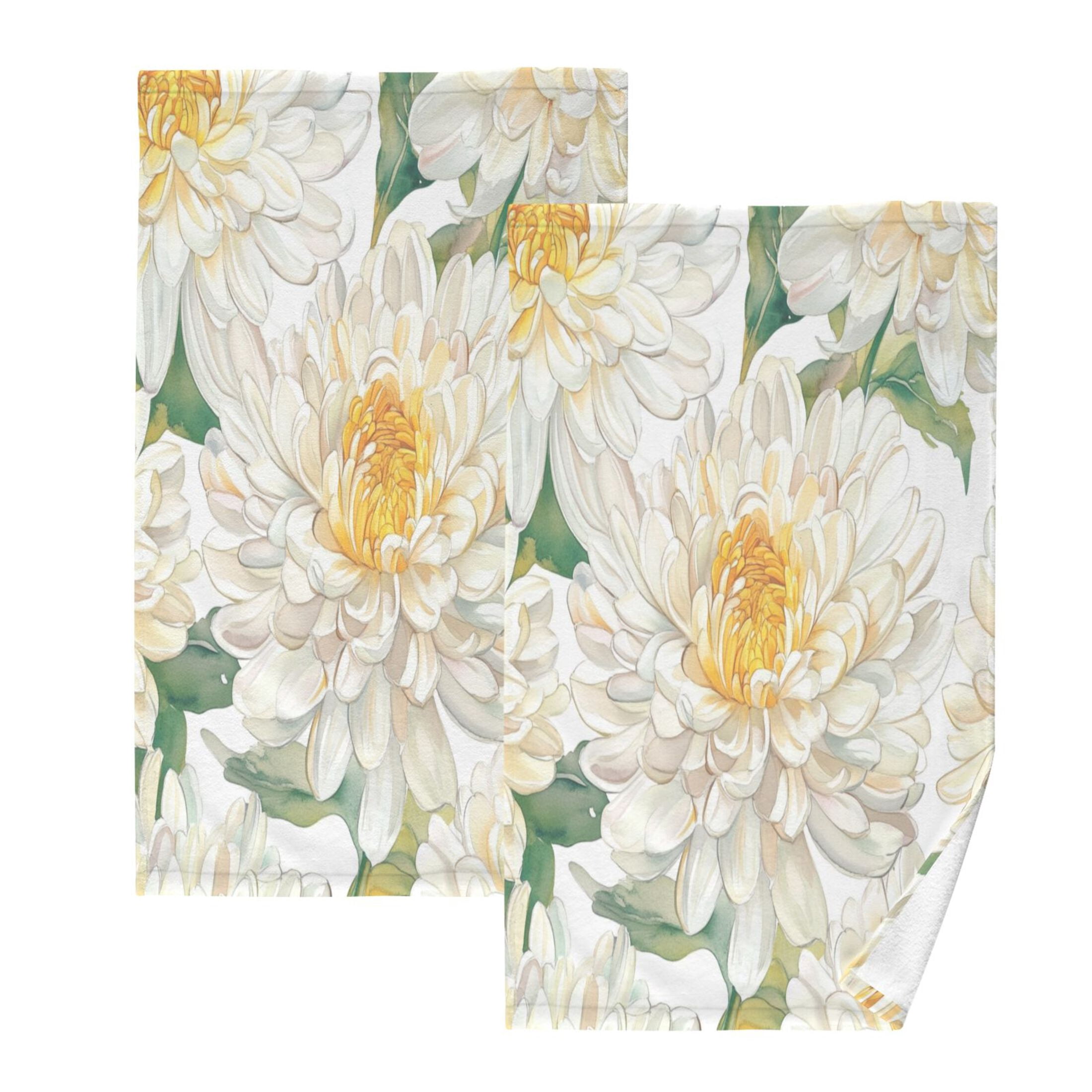 Cotton Towel Two-Piece 16x28 Inch One Sizex2 Face Towel Set Towel Set Cotton Hand Bath Towel Bathroom Beach Chrysanthemums White