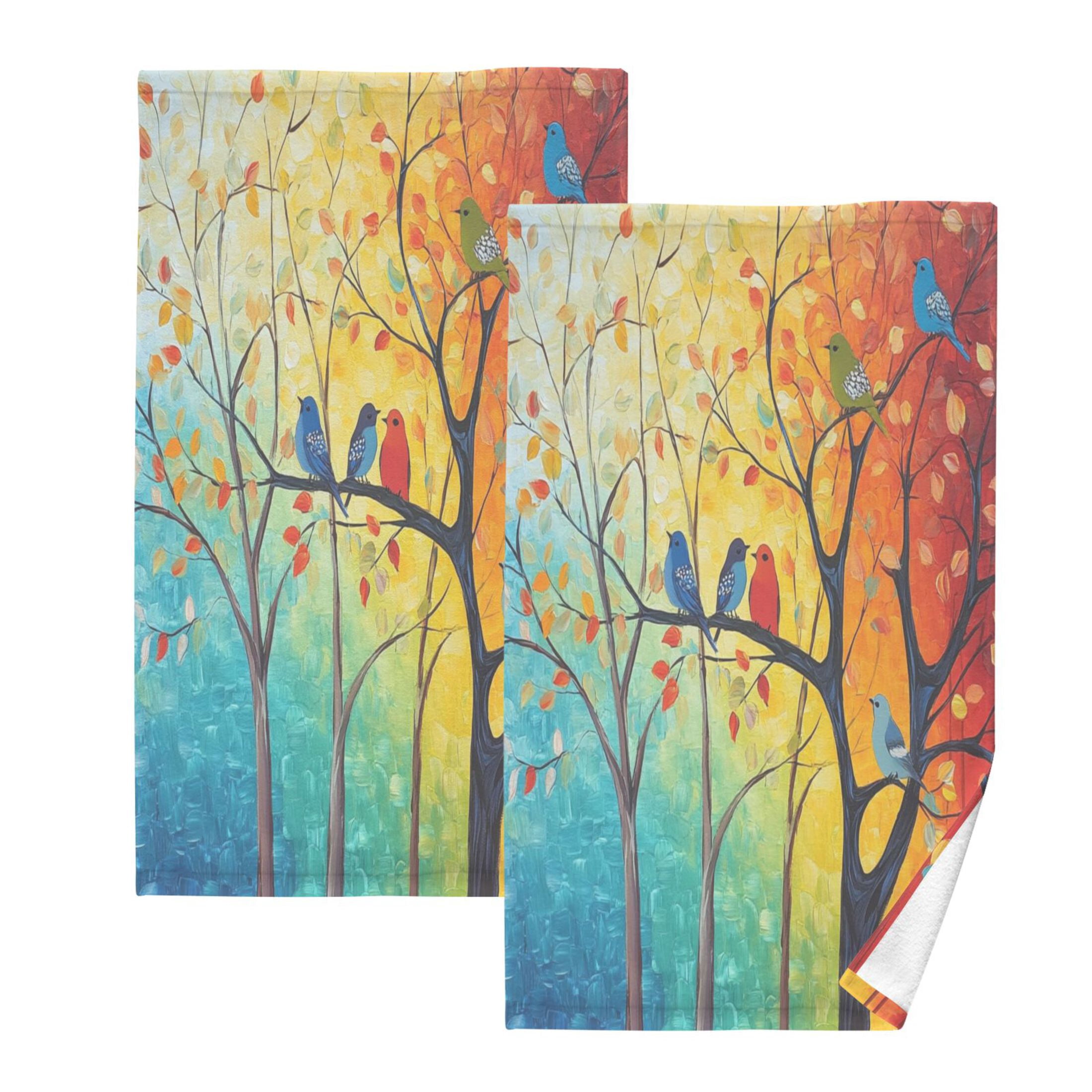Cotton Towel Two-Piece 16x28 Inch One Sizex2 Face Towel Set Towel Set Cotton Hand Bath Towel Bathroom Beach Colorful Tree Bird