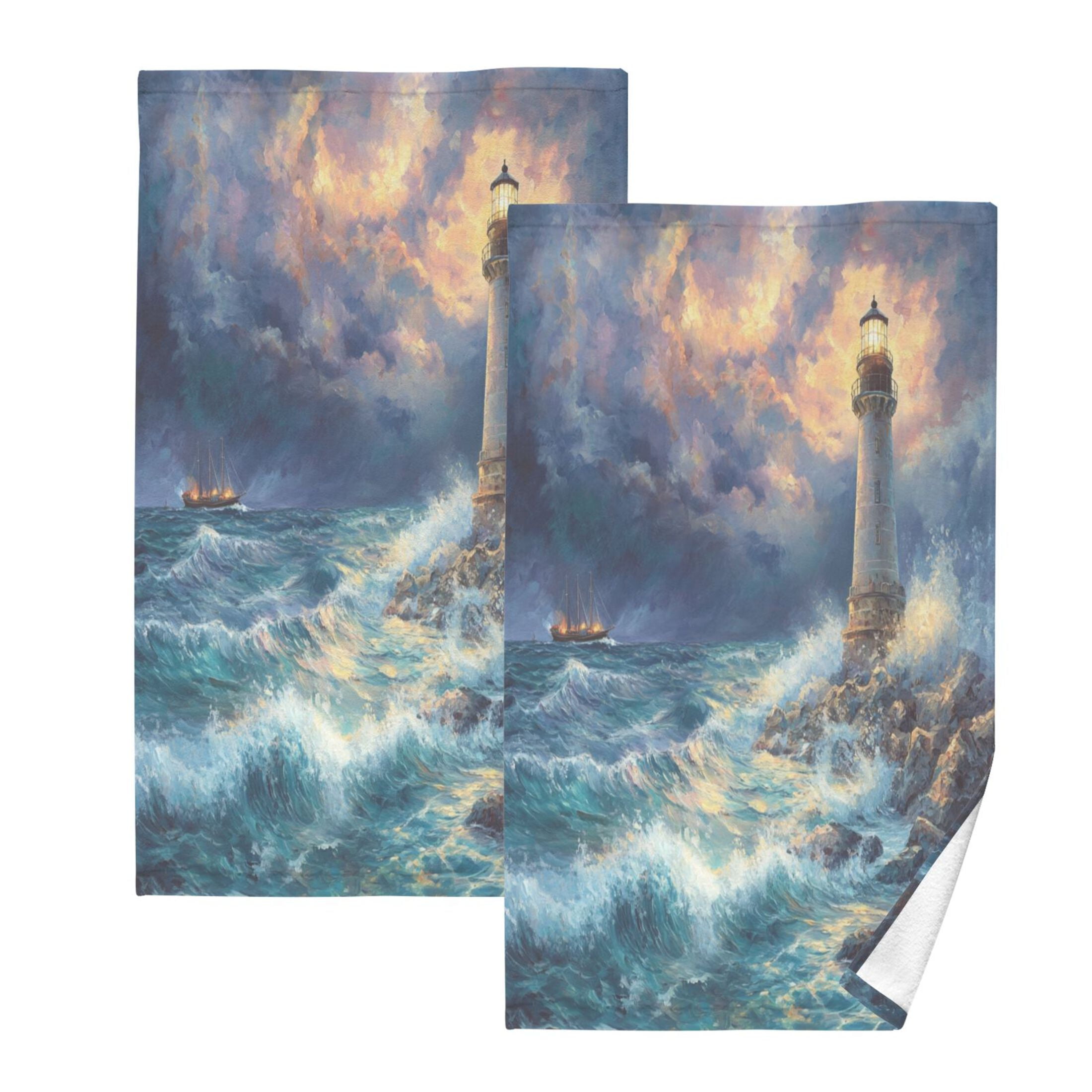 Cotton Towel Two-Piece 16x28 Inch One Sizex2 Face Towel Set Towel Set Cotton Hand Bath Towel Bathroom Beach Lighthouse at Sea
