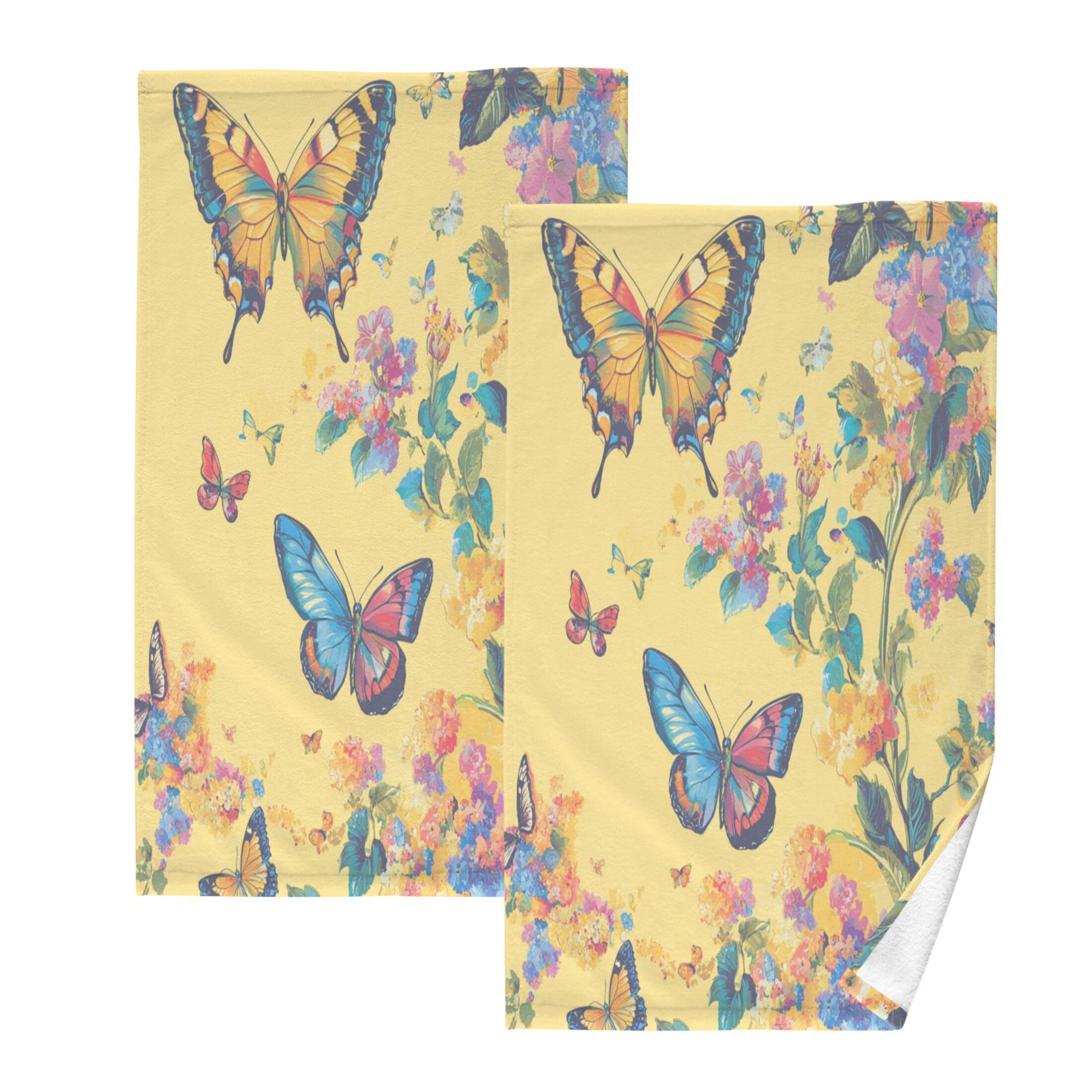 Cotton Towel Two-Piece 16x28 Inch One Sizex2 Face Towel Set Towel Set Cotton Hand Bath Towel Bathroom Beach Pale Yellow Rainbow Butterfly