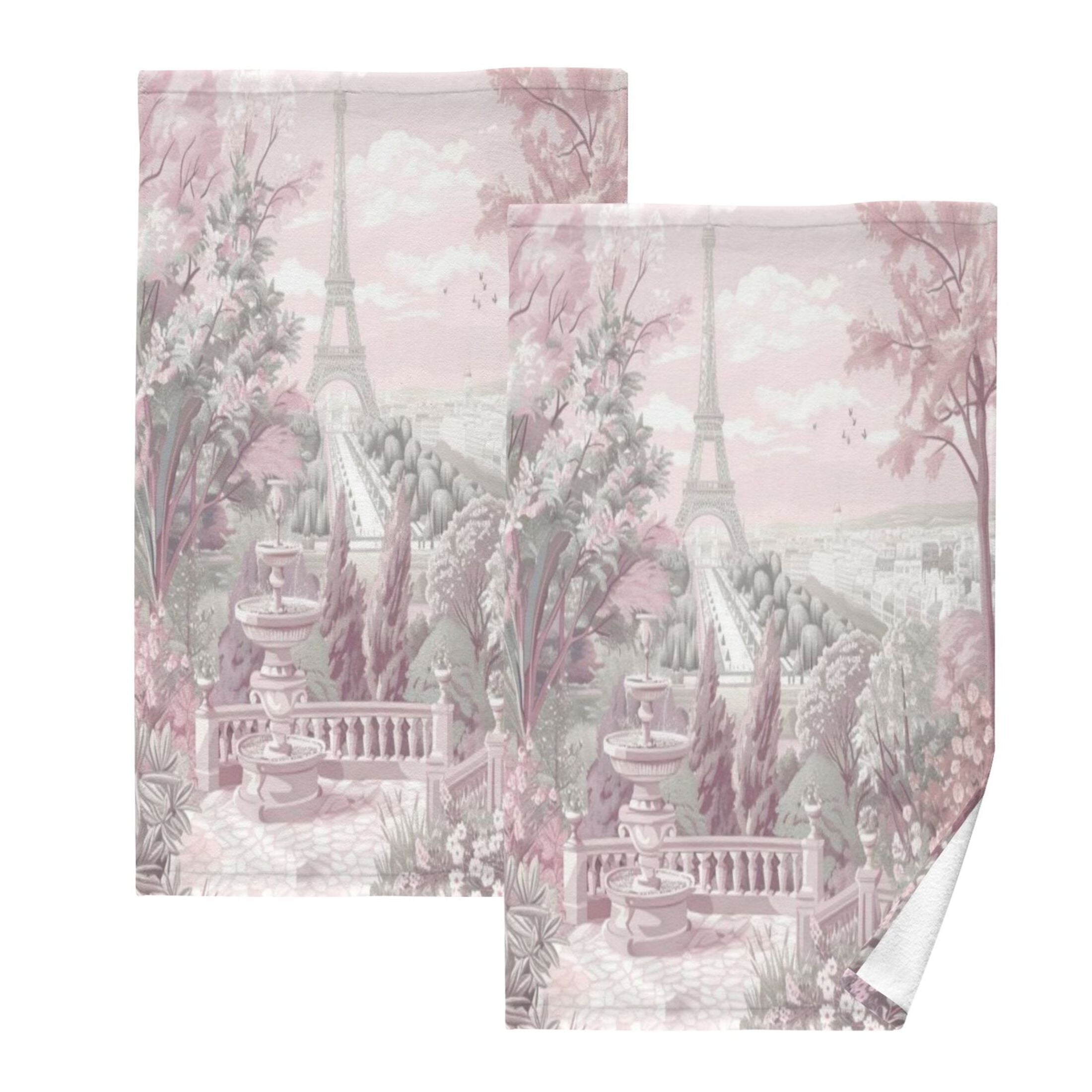 Cotton Towel Two-Piece 16x28 Inch One Sizex2 Face Towel Set Towel Set Cotton Hand Bath Towel Bathroom Beach Pink Flowers and The Eiffel Tower