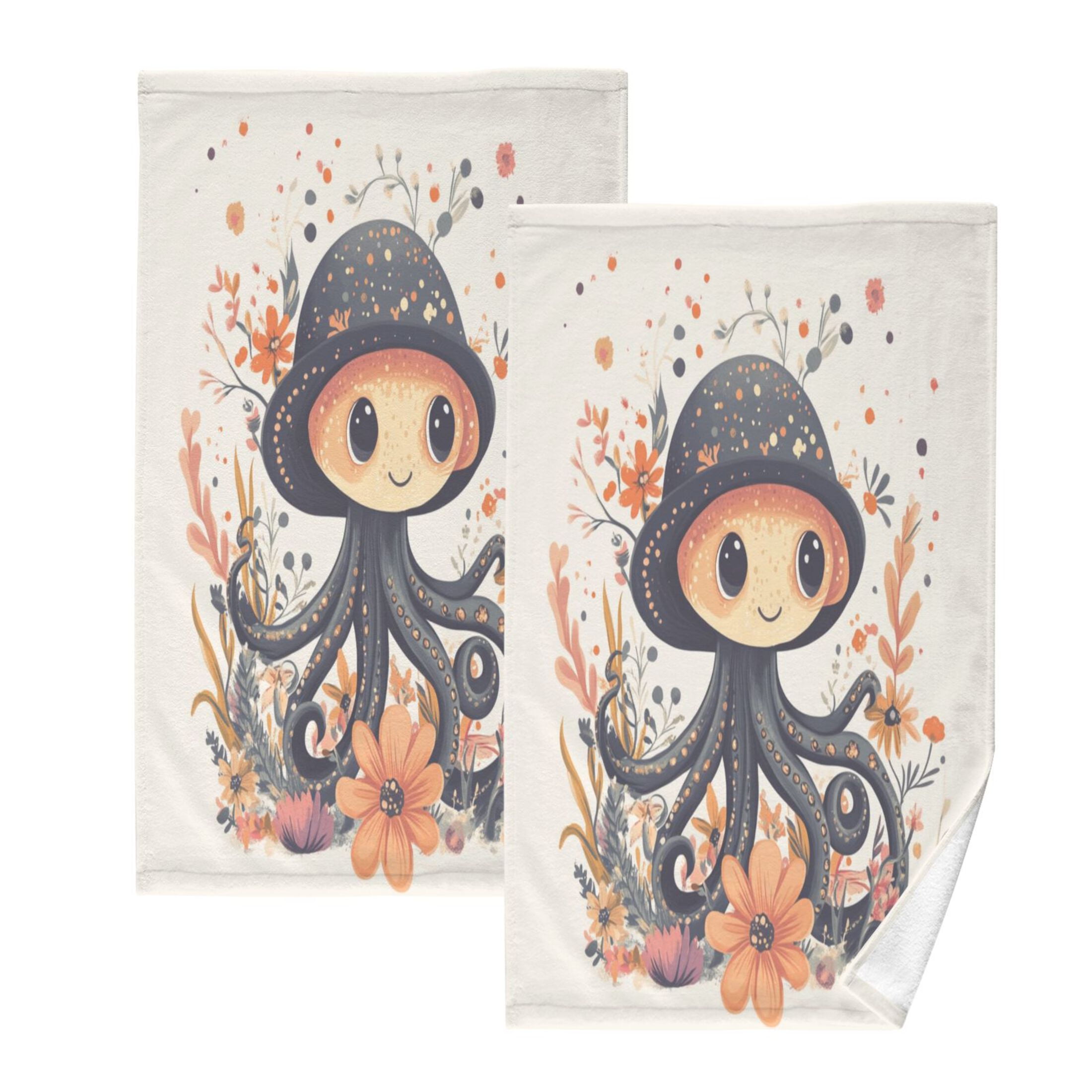 Cotton Towel Two-Piece 16x28 Inch One Sizex2 Face Towel Set Towel Set Cotton Hand Bath Towel Bathroom Beach Super Cute Black Octopus