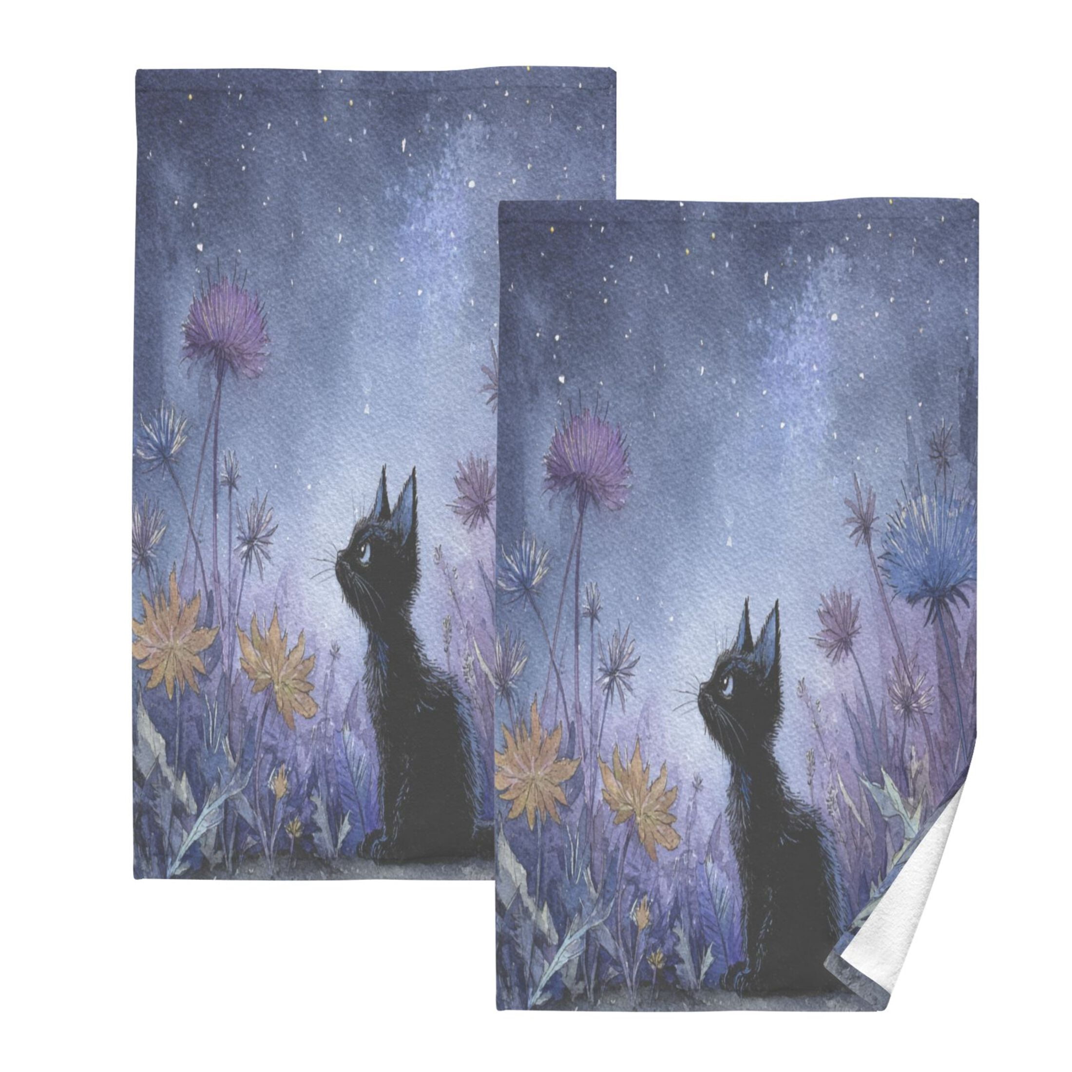 Cotton Towel Two-Piece 16x28 Inch One Sizex2 Face Towel Set Towel Set Cotton Hand Bath Towel Bathroom Beach Watercolor Black Cat