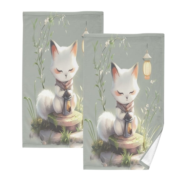 Cotton Towel Two-Piece 16x28 Inch One Sizex2 Face Towel Set Towel Set Cotton Hand Bath Towel Bathroom Beach White Cartoon Fox
