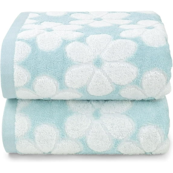 Cotton Towels for Bathroom Decor with Floral Jacquard, Super Soft and Absorbent Bath Towel Set of 2, Large Size 27.5x55 Inches