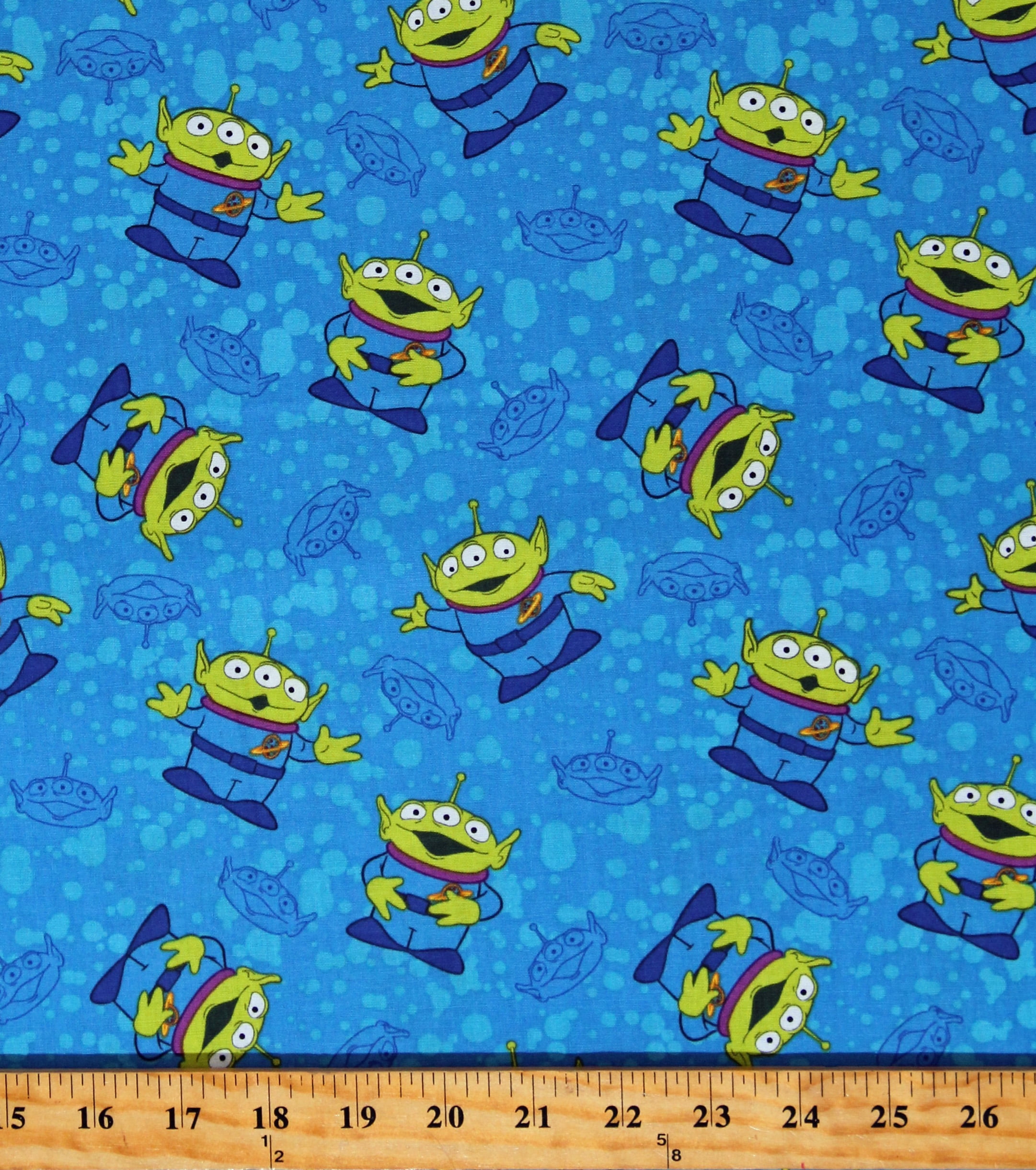 Cotton Toy Story Alien Toss Squeeze Toy Aliens Little Green Men LGMs Disney Pixar Characters Kids Blue Cotton Fabric Print by the Yard (67288-L550715)