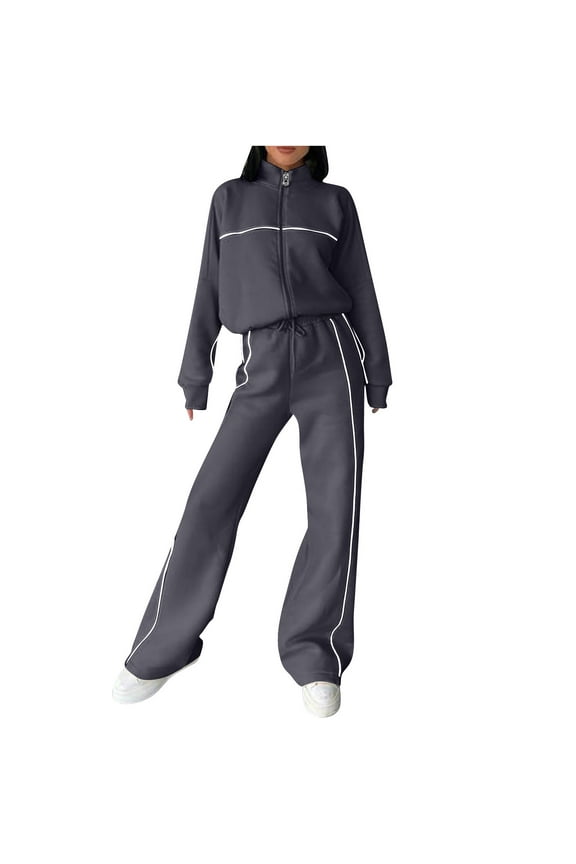 Cotton Tracksuits Womens 2 Piece Fall Winter Sports Outfits Full Zip Sweatshirt Wide Leg Sweatpant Set Retro Sweatsuit (L, Dark Gray)