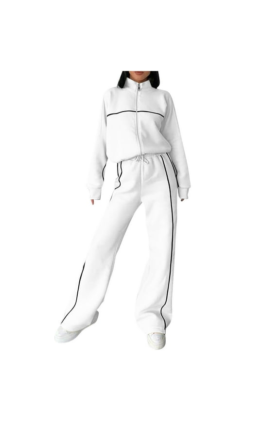 Cotton Tracksuits Womens 2 Piece Fall Winter Sports Outfits Full Zip Sweatshirt Wide Leg Sweatpant Set Retro Sweatsuit (S, White)