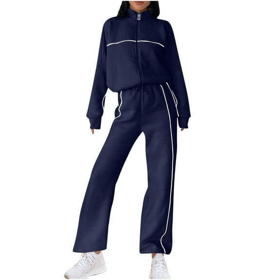 Cotton Tracksuits Womens 2 Piece Fall Winter Sports Outfits Full Zip Sweatshirt Wide Leg Sweatpant Set Retro Sweatsuit (XL, Blue)