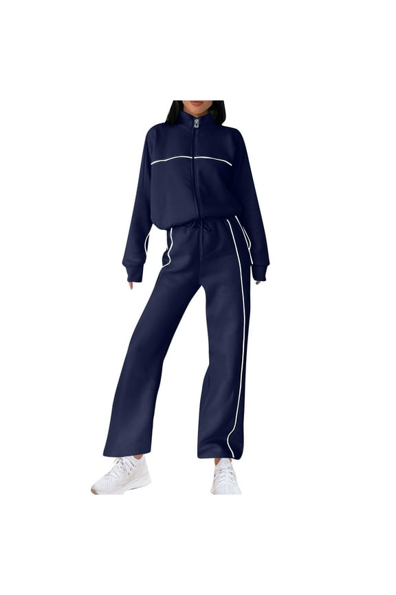 Cotton Tracksuits Womens 2 Piece Fall Winter Sports Outfits Full Zip Sweatshirt Wide Leg Sweatpant Set Retro Sweatsuit (XL, Blue)