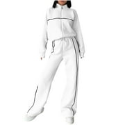 JEWELREAUTY Cotton Tracksuits Womens 2 Piece Fall Winter Sports Outfits Full Zip Sweatshirt Wide Leg Sweatpant Set Retro Sweatsuit (XL, White)