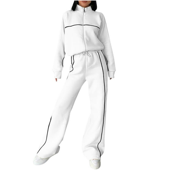 Cotton Tracksuits Womens 2 Piece Fall Winter Sports Outfits Full Zip Sweatshirt Wide Leg Sweatpant Set Retro Sweatsuit (XL, White)