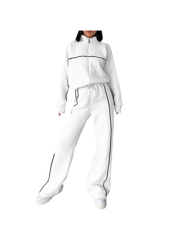 Cotton Tracksuits Womens 2 Piece Fall Winter Sports Outfits Full Zip Sweatshirt Wide Leg Sweatpant Set Retro Sweatsuit (XL, White)